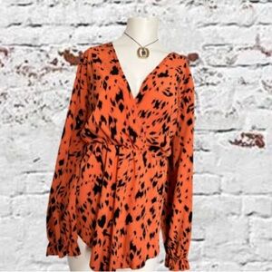 Shein Orange and Black Animal Print Wrap Shirt Blouse with Elastic Waist. 1XL